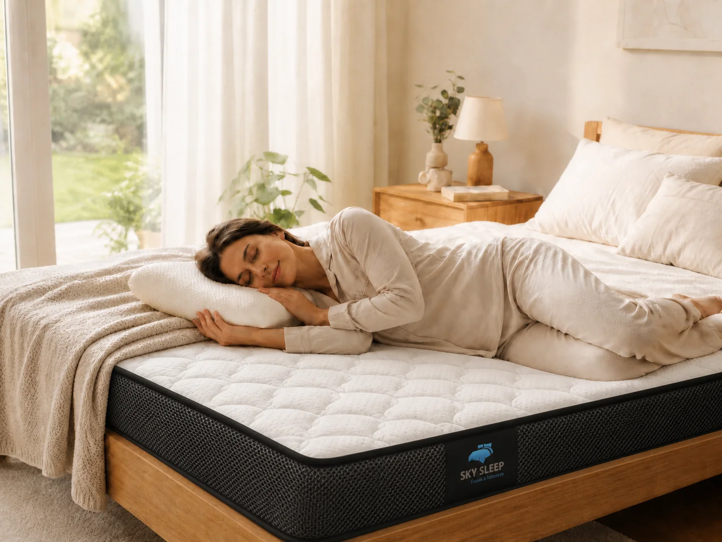 A refreshed sleeper resting on a Sky Sleep Luxury Natural Latex LX mattress
